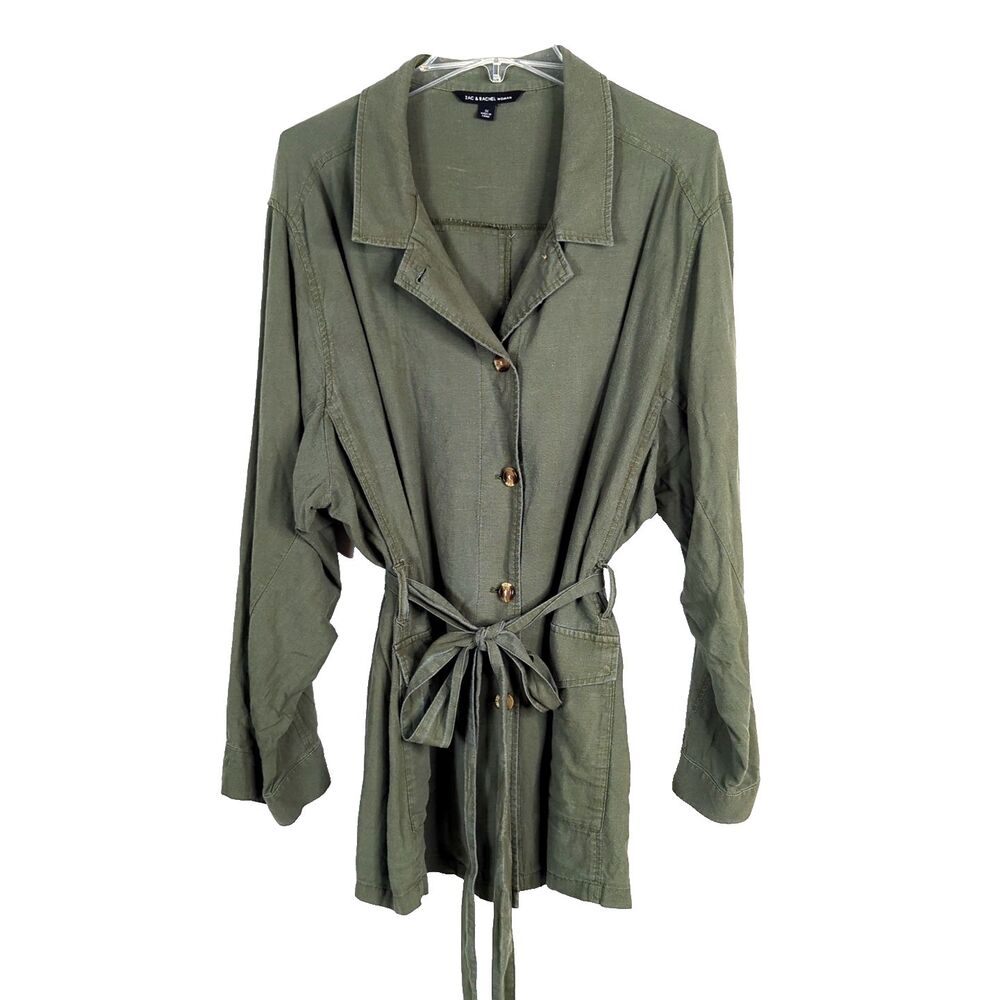 Zac & Rachel Woman Olive Green Linen Cargo Jacket Size 3X Utility Lightweight
